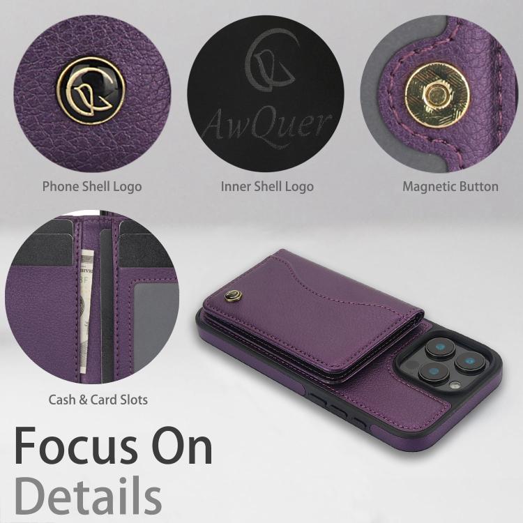 For iPhone 16 Pro Max AwQuer Horizontal Flip Card Bag Holder Leather Phone Case(Dark Purple)
