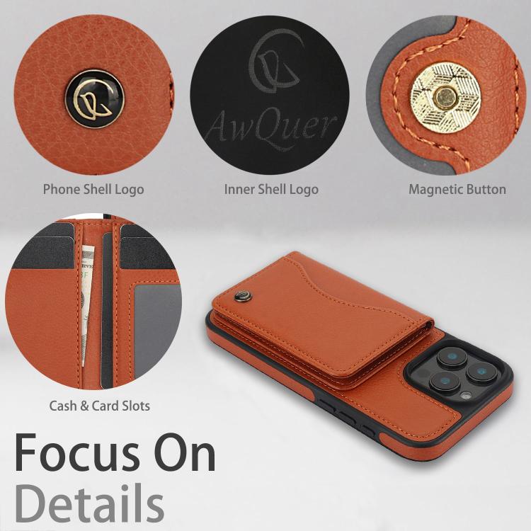 For iPhone 16 Pro AwQuer Horizontal Flip Card Bag Holder Leather Phone Case(Brown)