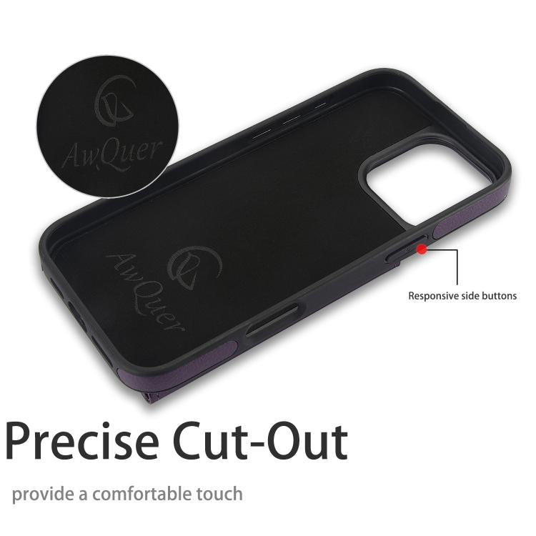 For iPhone 16 Pro AwQuer Horizontal Flip Card Bag Holder Leather Phone Case(Dark Purple)