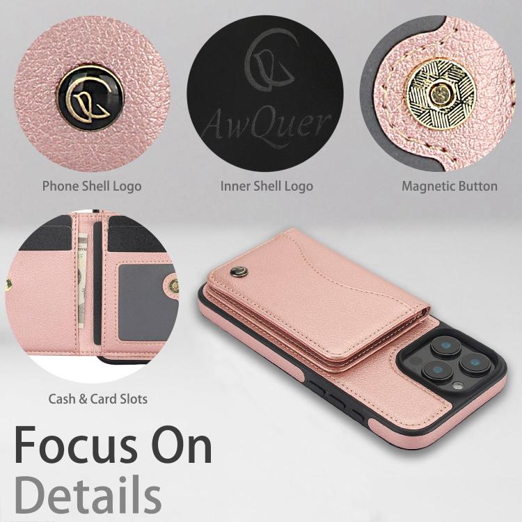 For iPhone 16 Pro AwQuer Horizontal Flip Card Bag Holder Leather Phone Case(Rose Gold)