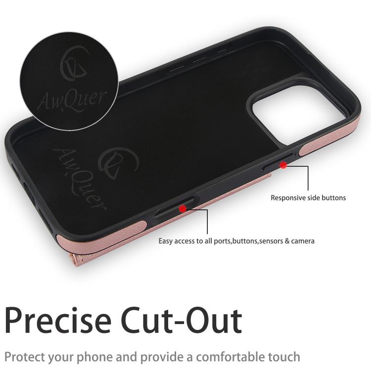 For iPhone 16 Pro AwQuer Horizontal Flip Card Bag Holder Leather Phone Case(Rose Gold)