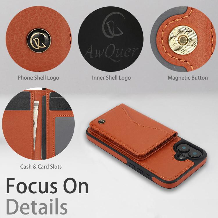 For iPhone 16 Plus AwQuer Horizontal Flip Card Bag Holder Leather Phone Case(Brown)