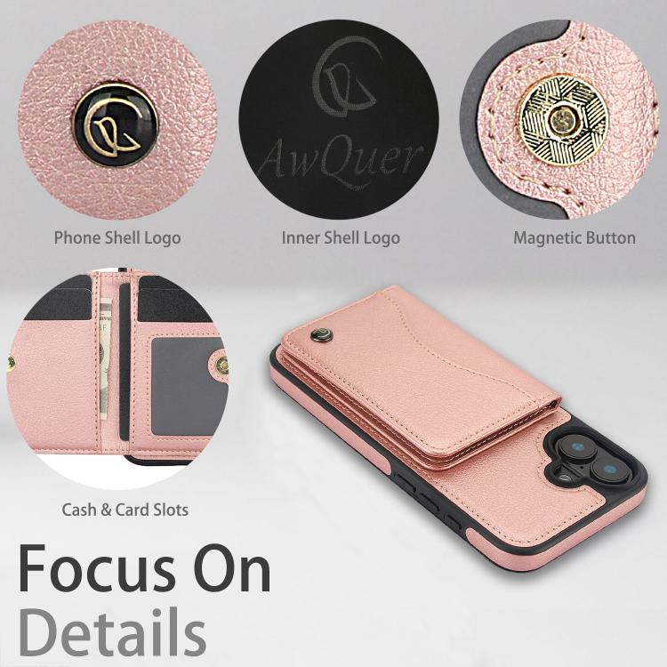 For iPhone 16 Plus AwQuer Horizontal Flip Card Bag Holder Leather Phone Case(Rose Gold)