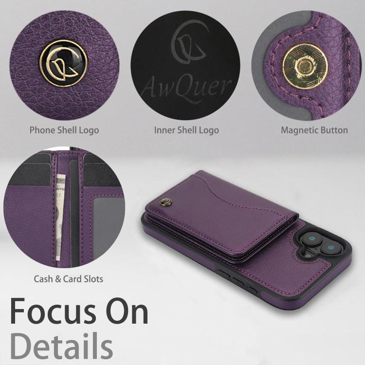 For iPhone 16 AwQuer Horizontal Flip Card Bag Holder Leather Phone Case(Dark Purple)