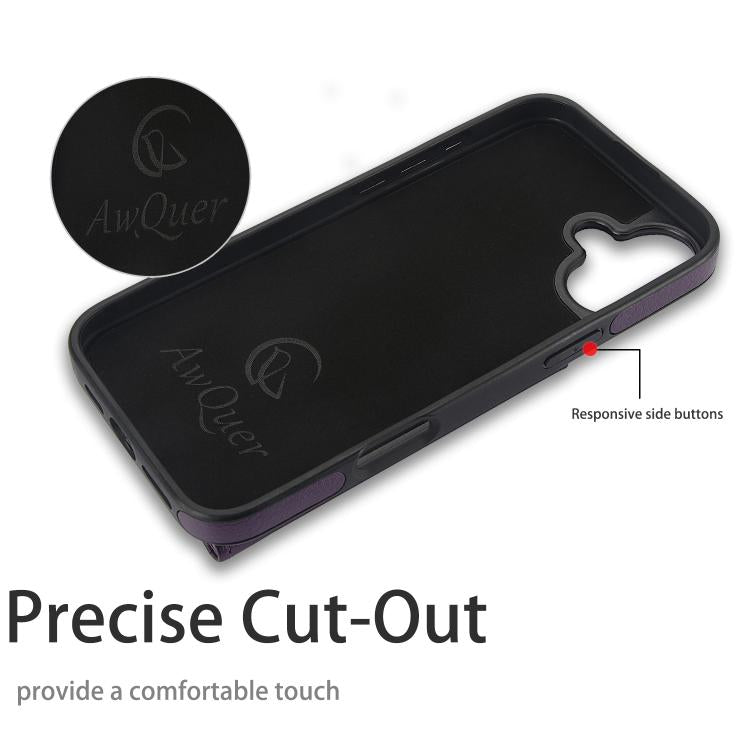 For iPhone 16 AwQuer Horizontal Flip Card Bag Holder Leather Phone Case(Dark Purple)