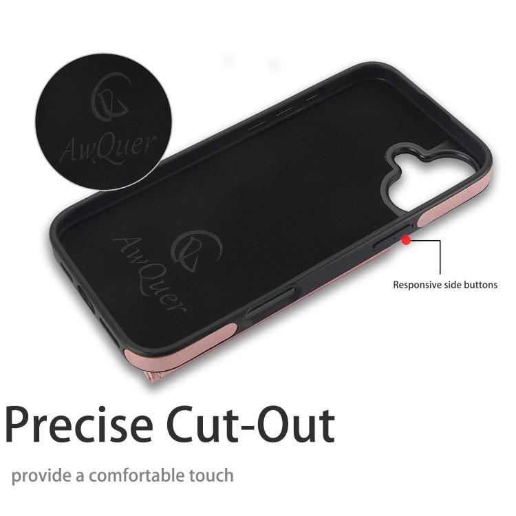 For iPhone 16 AwQuer Horizontal Flip Card Bag Holder Leather Phone Case(Rose Gold)