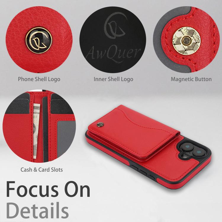 For iPhone 16 AwQuer Horizontal Flip Card Bag Holder Leather Phone Case(Red)
