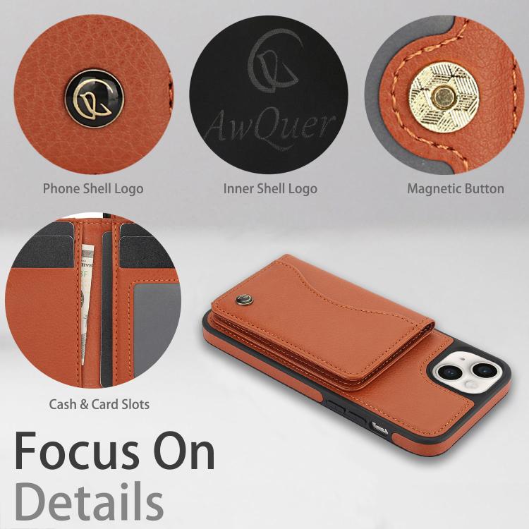 For iPhone 15 AwQuer Horizontal Flip Card Bag Holder Leather Phone Case(Brown)