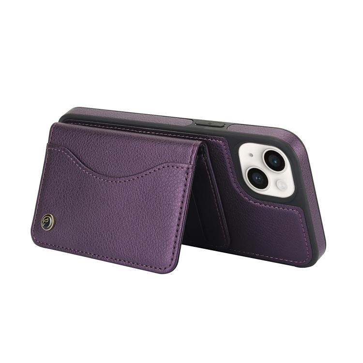 For iPhone 15 AwQuer Horizontal Flip Card Bag Holder Leather Phone Case(Dark Purple)