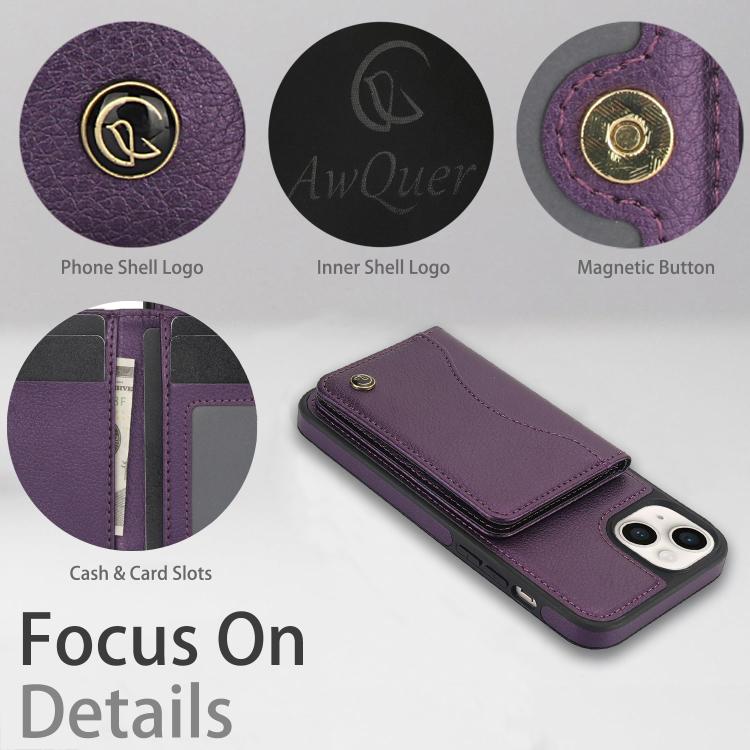 For iPhone 15 AwQuer Horizontal Flip Card Bag Holder Leather Phone Case(Dark Purple)