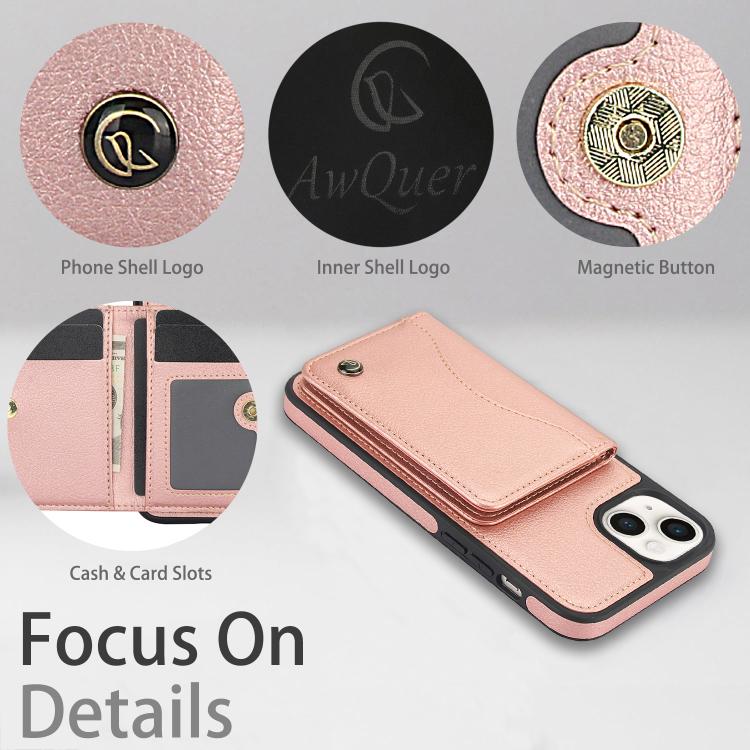 For iPhone 15 AwQuer Horizontal Flip Card Bag Holder Leather Phone Case(Rose Gold)