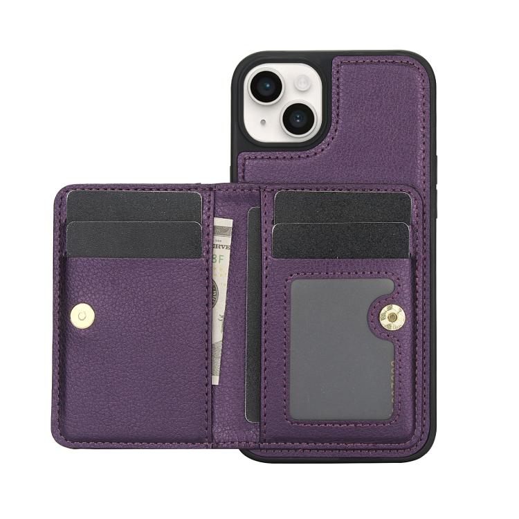 For iPhone 15 Plus AwQuer Horizontal Flip Card Bag Holder Leather Phone Case(Dark Purple)