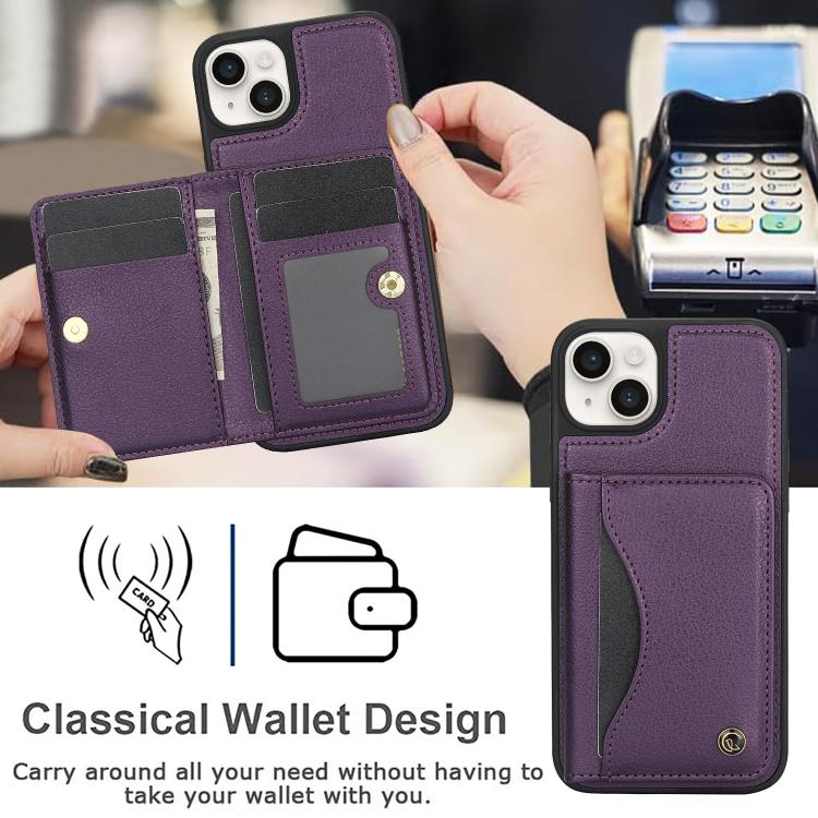 For iPhone 15 Plus AwQuer Horizontal Flip Card Bag Holder Leather Phone Case(Dark Purple)