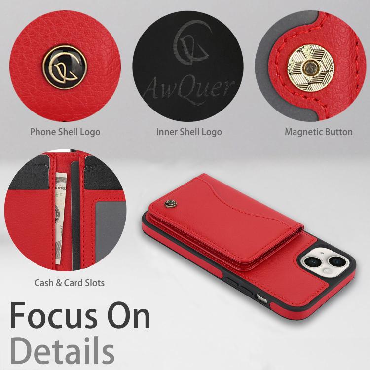 For iPhone 15 Plus AwQuer Horizontal Flip Card Bag Holder Leather Phone Case(Red)
