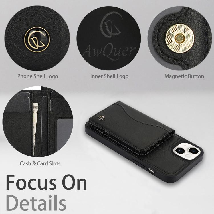 For iPhone 14 Plus AwQuer Horizontal Flip Card Bag Holder Leather Phone Case(Black)