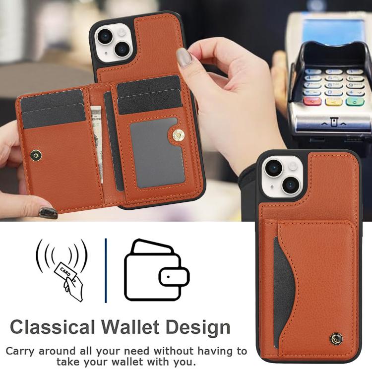 For iPhone 14 / 13 AwQuer Horizontal Flip Card Bag Holder Leather Phone Case(Brown)