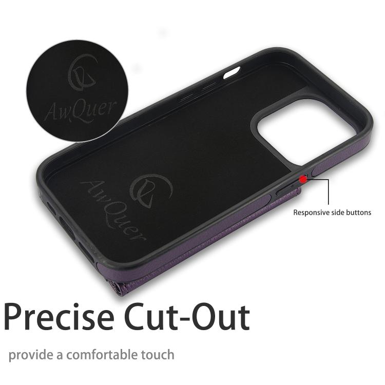 For iPhone 14 Pro AwQuer Horizontal Flip Card Bag Holder Leather Phone Case(Dark Purple)