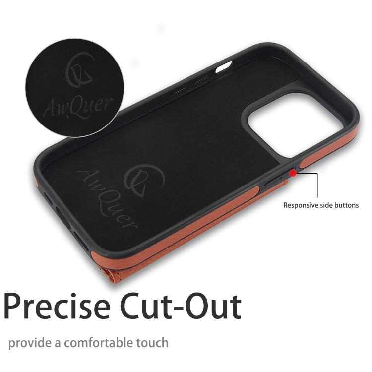 For iPhone 14 Pro Max AwQuer Horizontal Flip Card Bag Holder Leather Phone Case(Brown)