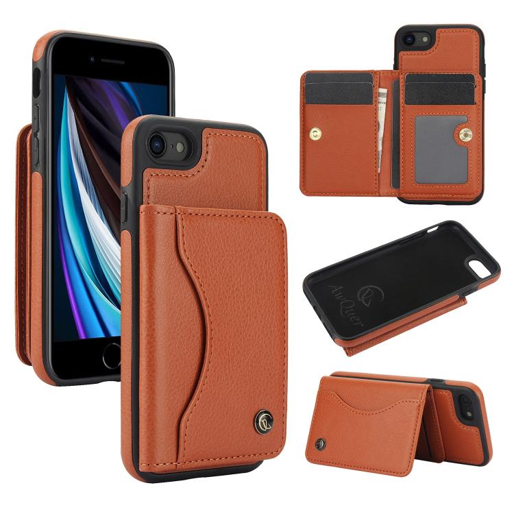 For iPhone 7 / 8 / SE 2022 AwQuer Horizontal Flip Card Bag Holder Leather Phone Case(Brown)