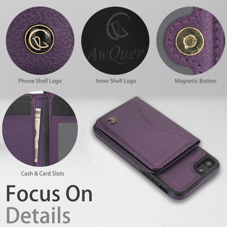 For iPhone 7 / 8 / SE 2022 AwQuer Horizontal Flip Card Bag Holder Leather Phone Case(Dark Purple)
