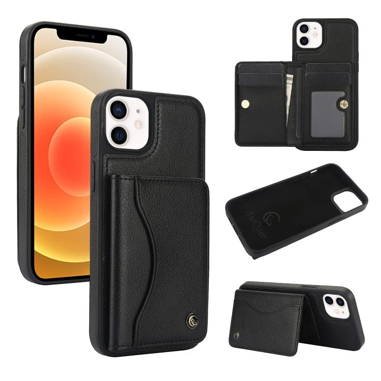 For iPhone 12 / 12 Pro AwQuer Horizontal Flip Card Bag Holder Leather Phone Case(Black)