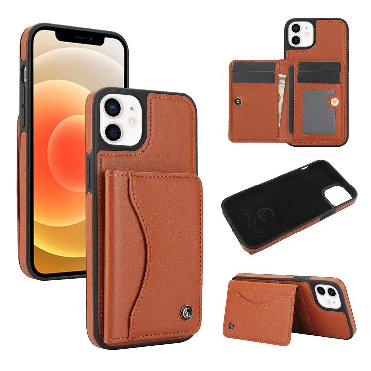 For iPhone 12 / 12 Pro AwQuer Horizontal Flip Card Bag Holder Leather Phone Case(Brown)