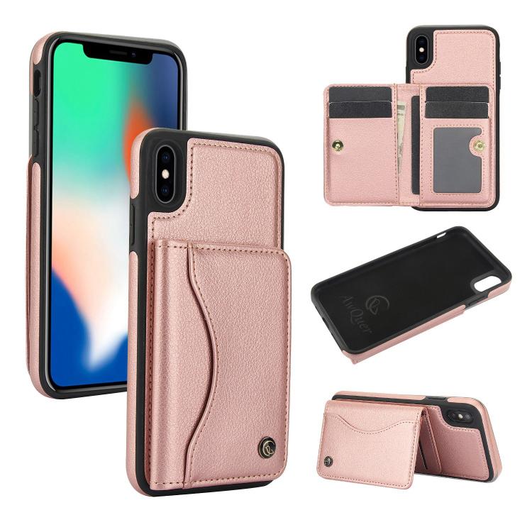 For iPhone X / XS AwQuer Horizontal Flip Card Bag Holder Leather Phone Case(Rose Gold)