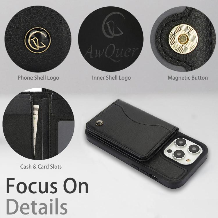 For iPhone 15 Pro AwQuer Horizontal Flip Card Bag Holder Leather Phone Case(Black)