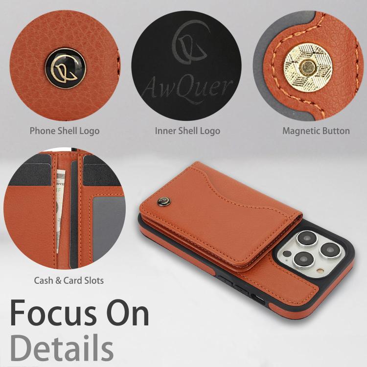 For iPhone 15 Pro AwQuer Horizontal Flip Card Bag Holder Leather Phone Case(Brown)