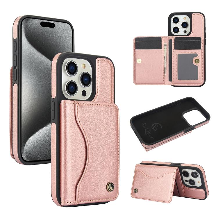 For iPhone 15 Pro AwQuer Horizontal Flip Card Bag Holder Leather Phone Case(Rose Gold)