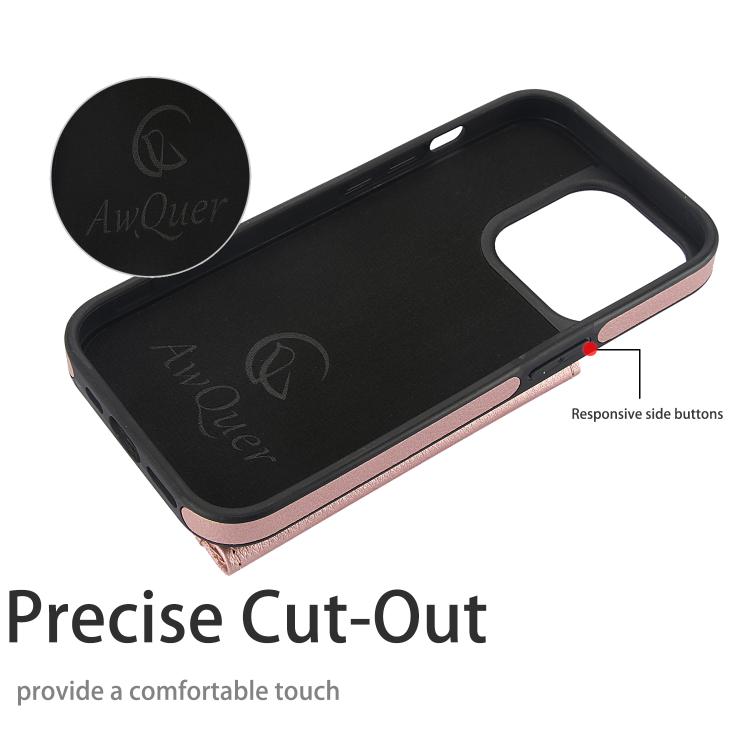 For iPhone 15 Pro AwQuer Horizontal Flip Card Bag Holder Leather Phone Case(Rose Gold)