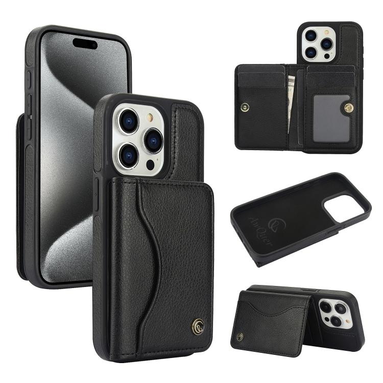 For iPhone 15 Pro Max AwQuer Horizontal Flip Card Bag Holder Leather Phone Case(Black)