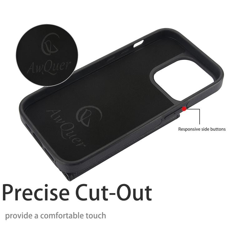 For iPhone 15 Pro Max AwQuer Horizontal Flip Card Bag Holder Leather Phone Case(Black)