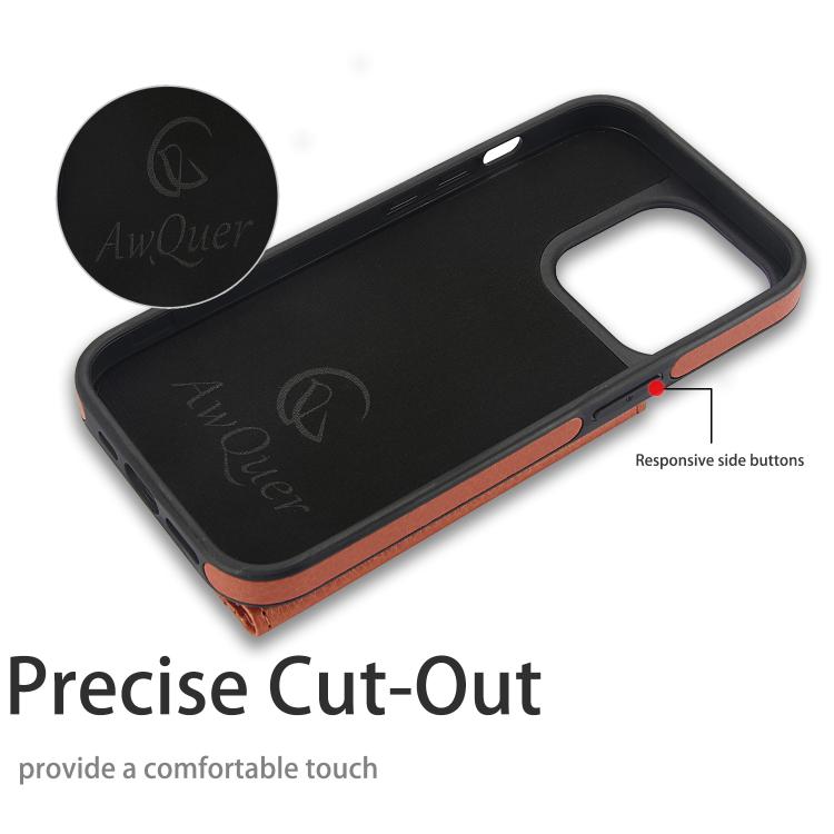 For iPhone 15 Pro Max AwQuer Horizontal Flip Card Bag Holder Leather Phone Case(Brown)