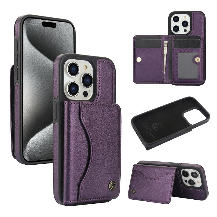 For iPhone 15 Pro Max AwQuer Horizontal Flip Card Bag Holder Leather Phone Case(Dark Purple)