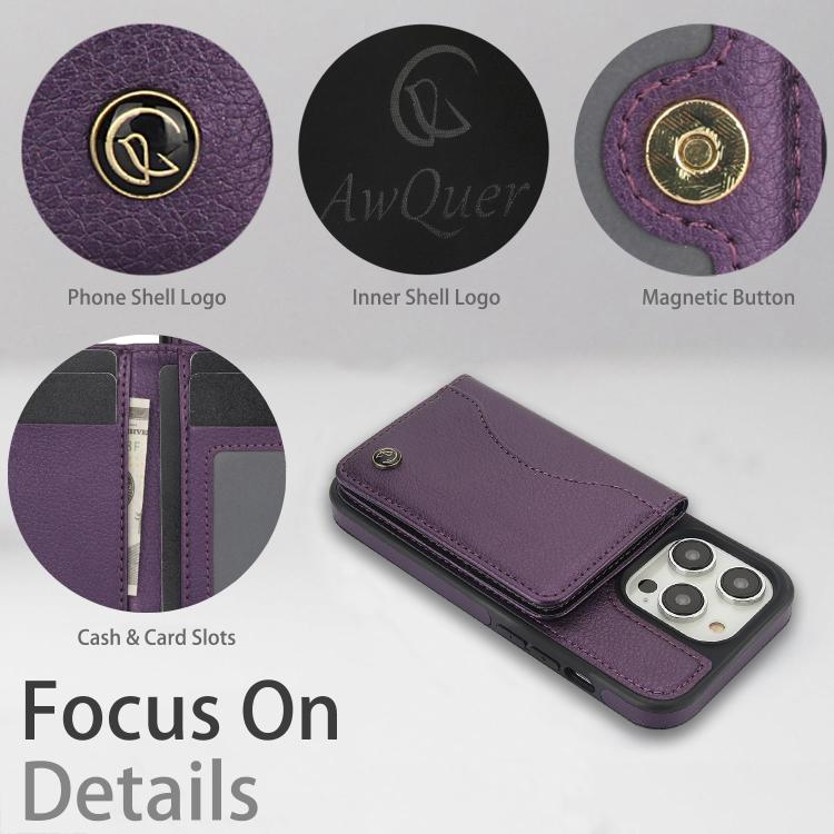 For iPhone 15 Pro Max AwQuer Horizontal Flip Card Bag Holder Leather Phone Case(Dark Purple)