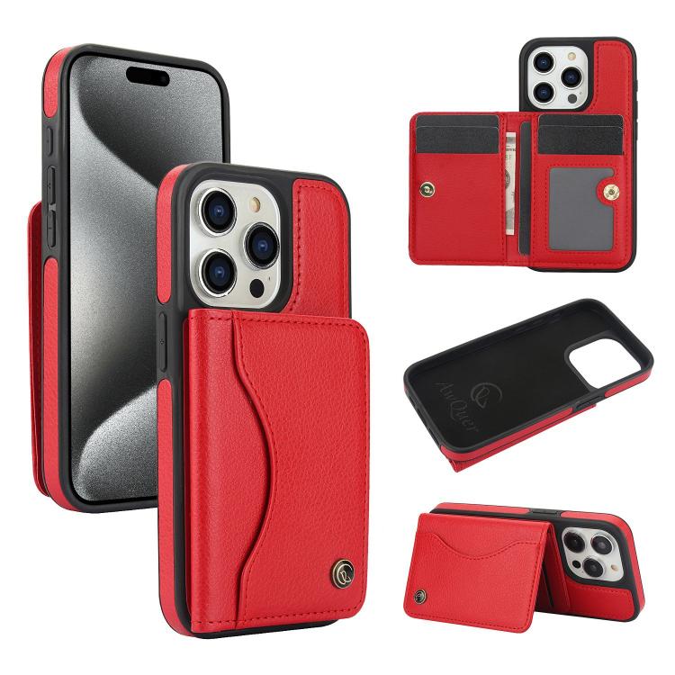 For iPhone 15 Pro Max AwQuer Horizontal Flip Card Bag Holder Leather Phone Case(Red)