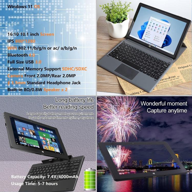HONGSAMDE 10.1 inch 2 in 1 Tablet PC, 12GB+128GB, Windows 11, Intel Celeron N4120 Quad Core No Keyboard(US Plug)