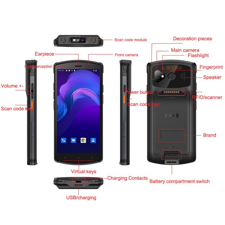 UNIWA V7S PDA Barcode Scanner Rugged Phone, 4GB+64GB, 5.7 inch Android 12 Mediatek MT6762 Octa Core, NFC, Network: 4G, Plug:AU Plug(Black)