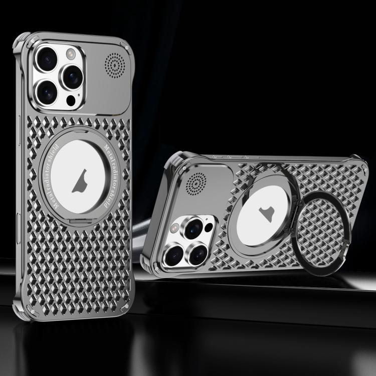 For iPhone 16 Pro Max R-JUST RJ-64 Aromatherapy Heat Dissipation MagSafe Phone Case with Stand(Grey)