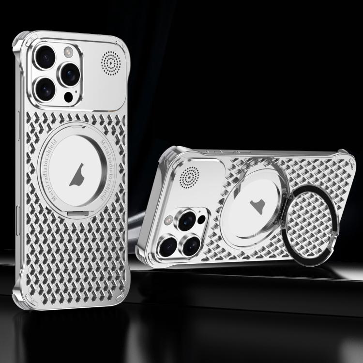 For iPhone 16 Pro Max R-JUST RJ-64 Aromatherapy Heat Dissipation MagSafe Phone Case with Stand(Silver)