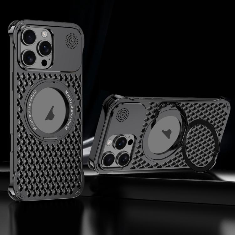 For iPhone 16 Pro R-JUST RJ-64 Aromatherapy Heat Dissipation MagSafe Phone Case with Stand(Black)