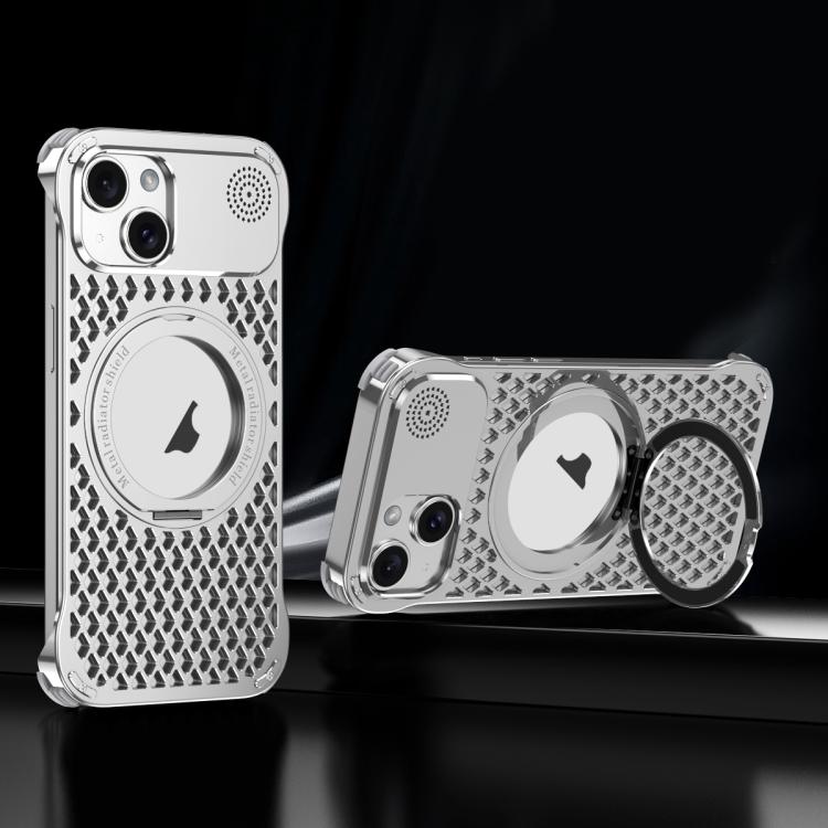 For iPhone 15 R-JUST RJ-64 Aromatherapy Heat Dissipation MagSafe Phone Case with Stand(Silver)