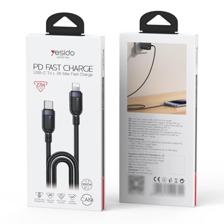 Yesido CA191 27W Type-C to 8 Pin Aluminum Alloy Data Cable, Length: 2m(Black)