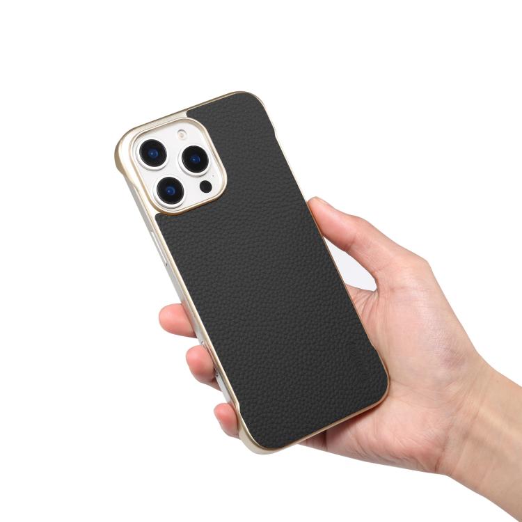 For iPhone 15 Denior A20 Genuine Leather Litchi Texture MagSafe Frameless Phone Case(Black)