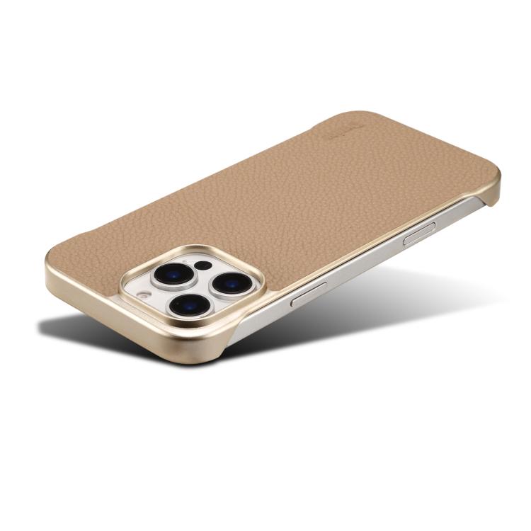 For iPhone 15 Denior A20 Genuine Leather Litchi Texture MagSafe Frameless Phone Case(Khaki)