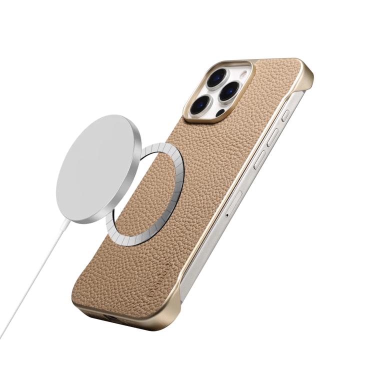 For iPhone 15 Denior A20 Genuine Leather Litchi Texture MagSafe Frameless Phone Case(Khaki)