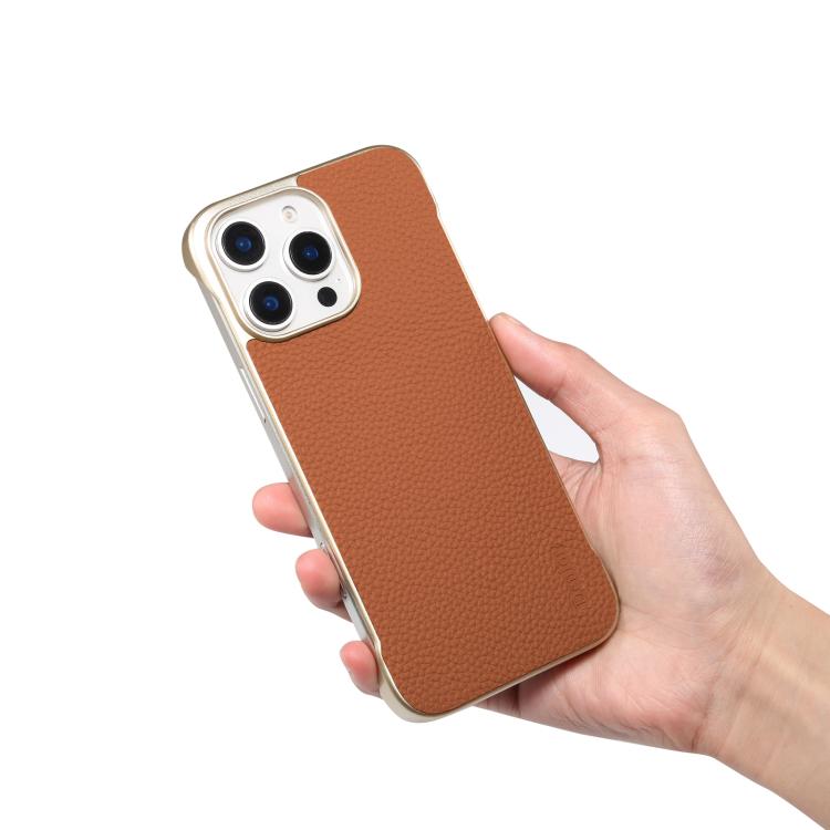 For iPhone 15 Plus / 14 Plus Denior A20 Genuine Leather Litchi Texture MagSafe Frameless Phone Case(Brown)