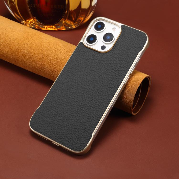 For iPhone 15 Pro Denior A20 Genuine Leather Litchi Texture MagSafe Frameless Phone Case(Black)