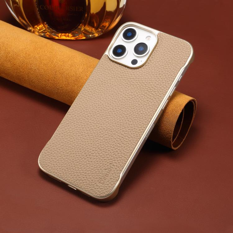 For iPhone 15 Pro Denior A20 Genuine Leather Litchi Texture MagSafe Frameless Phone Case(Khaki)